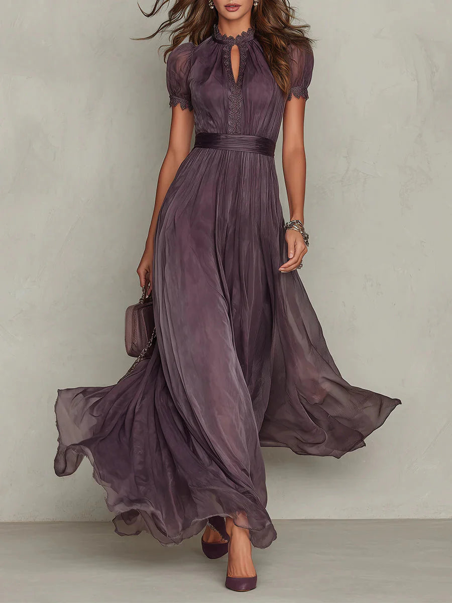 Flavia | Vestido Longo Elegante Violeta Decote Gota Renda