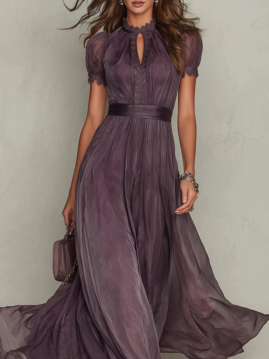 Flavia | Vestido Longo Elegante Violeta Decote Gota Renda