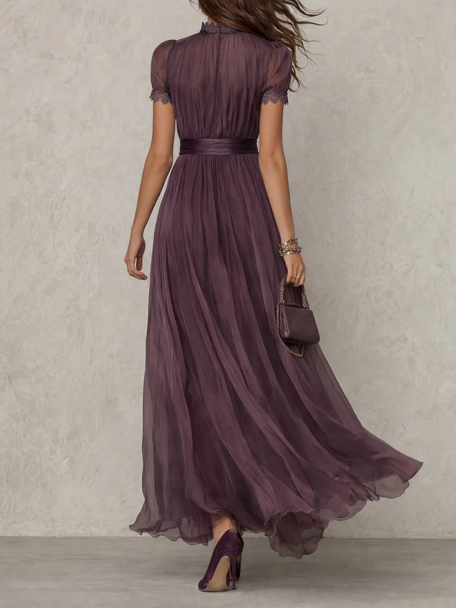 Flavia | Vestido Longo Elegante Violeta Decote Gota Renda
