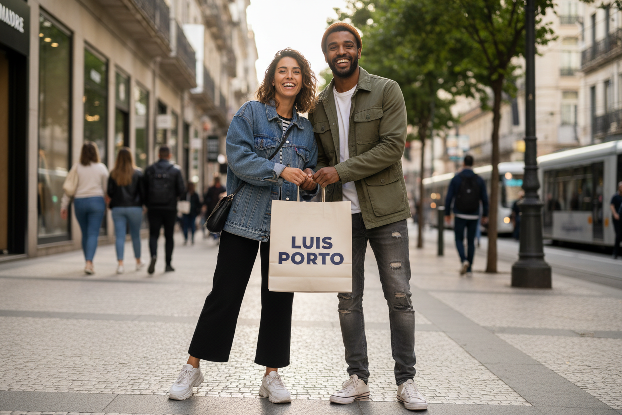Casal com saco Luis Porto na rua